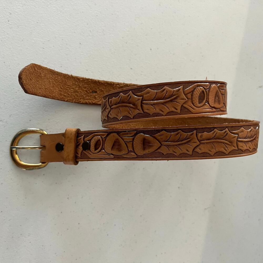 Justin Top Grain Cowhide Leather Tooled Western Belt Sz 28 Brown Cowboy